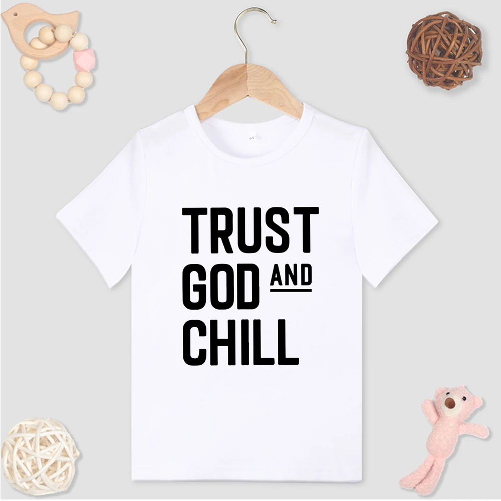 Повседневные детские Черные футболки с принтом Trust God And Chill, универсальные Летние Новые футболки для детей, удобные Топы в стиле Y2K . ' - ' . 1