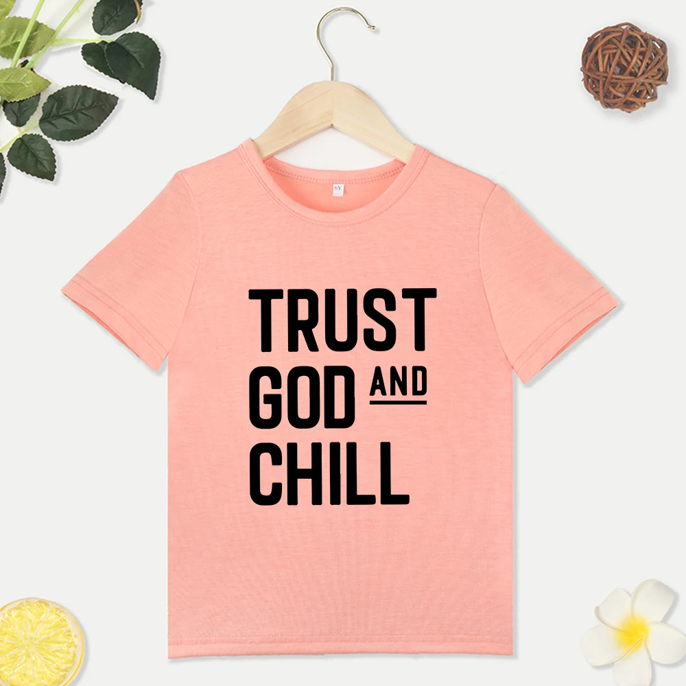 Повседневные детские Черные футболки с принтом Trust God And Chill, универсальные Летние Новые футболки для детей, удобные Топы в стиле Y2K . ' - ' . 3