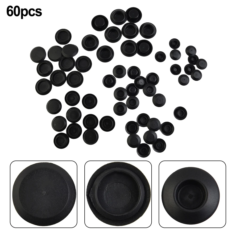Полный набор из 60 черных пластиковых заглушек с отверстиями для листового металла кузова автомобиля Универсальной посадки с вдавливанием и заподлицо . ' - ' . 3