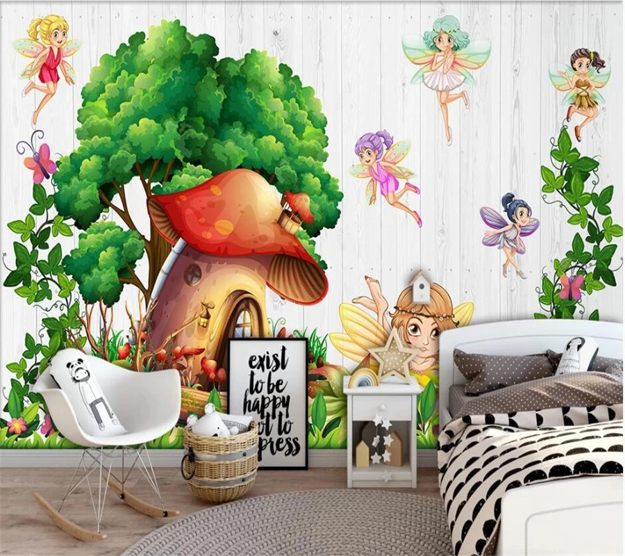 Пользовательские обои 3d ручная роспись мультяшного грибного домика, фея цветов и бабочек, фреска для детской комнаты, фоновые обои . ' - ' . 1