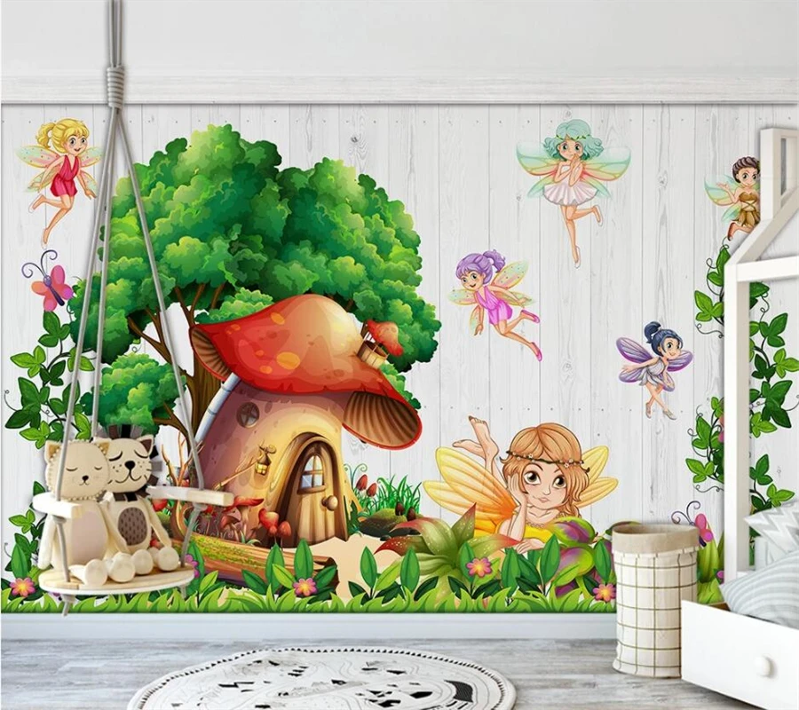 Пользовательские обои 3d ручная роспись мультяшного грибного домика, фея цветов и бабочек, фреска для детской комнаты, фоновые обои . ' - ' . 2