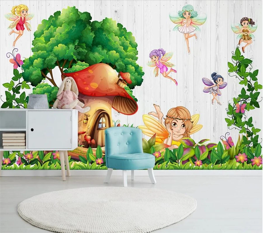 Пользовательские обои 3d ручная роспись мультяшного грибного домика, фея цветов и бабочек, фреска для детской комнаты, фоновые обои . ' - ' . 3