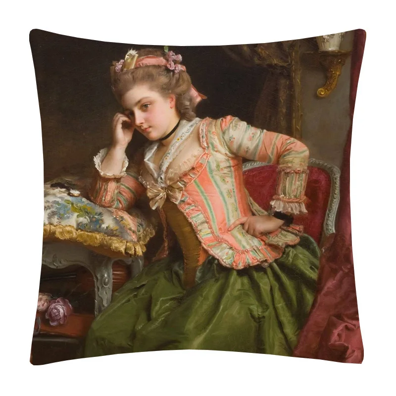 Портрет европейской красоты, Девушка, женщина в красном платье, Картина маслом, наволочка, декоративные подушки для дивана 45x45 см . ' - ' . 0