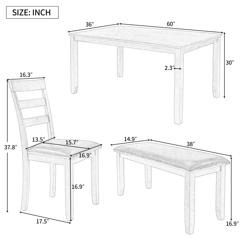 Прямоугольный Столовый набор из 6 предметов, Кухонный Деревянный обеденный стол и Стул со Скамейкой, Тканевая подушка, Подходит для многих ситуаций, Серый . ' - ' . 5