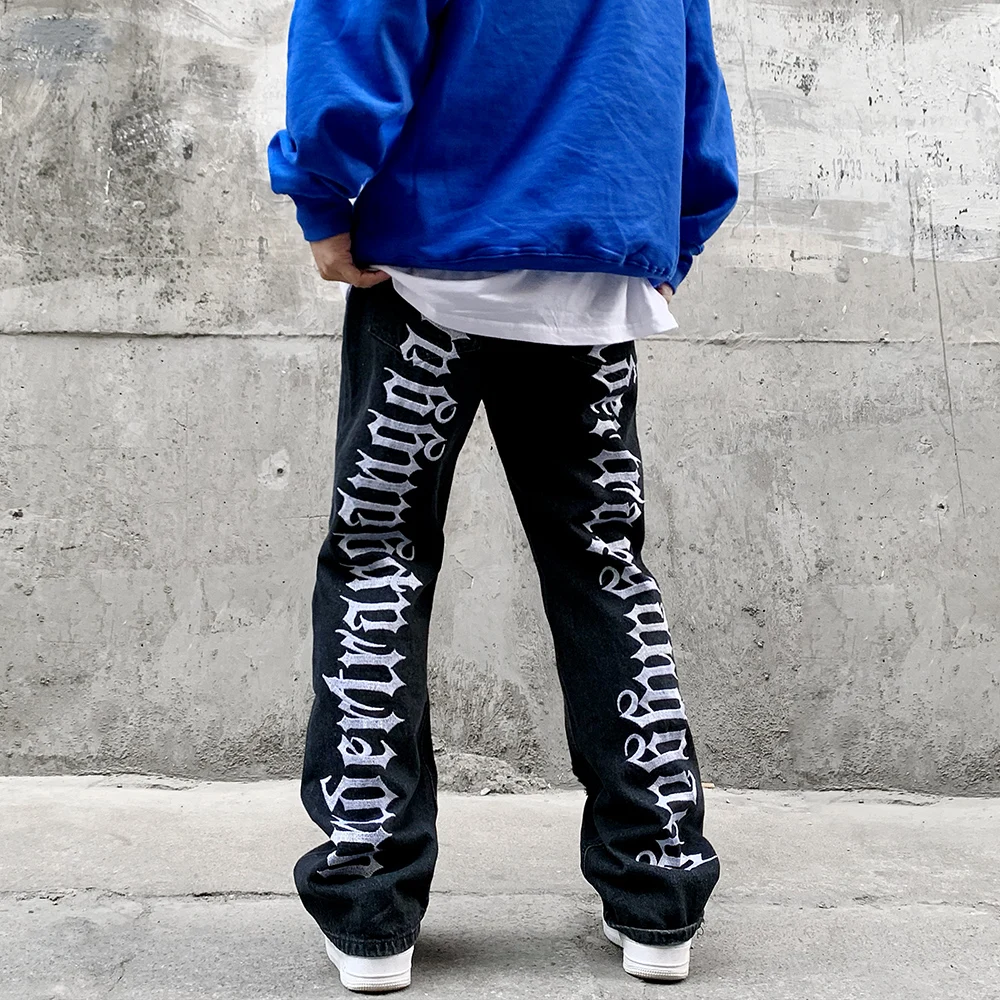 Рваные свободные джинсы с вышивкой в стиле хай-стрит, мужские, с дырками, Harajuku, потертые Прямые черные джинсовые брюки оверсайз . ' - ' . 3