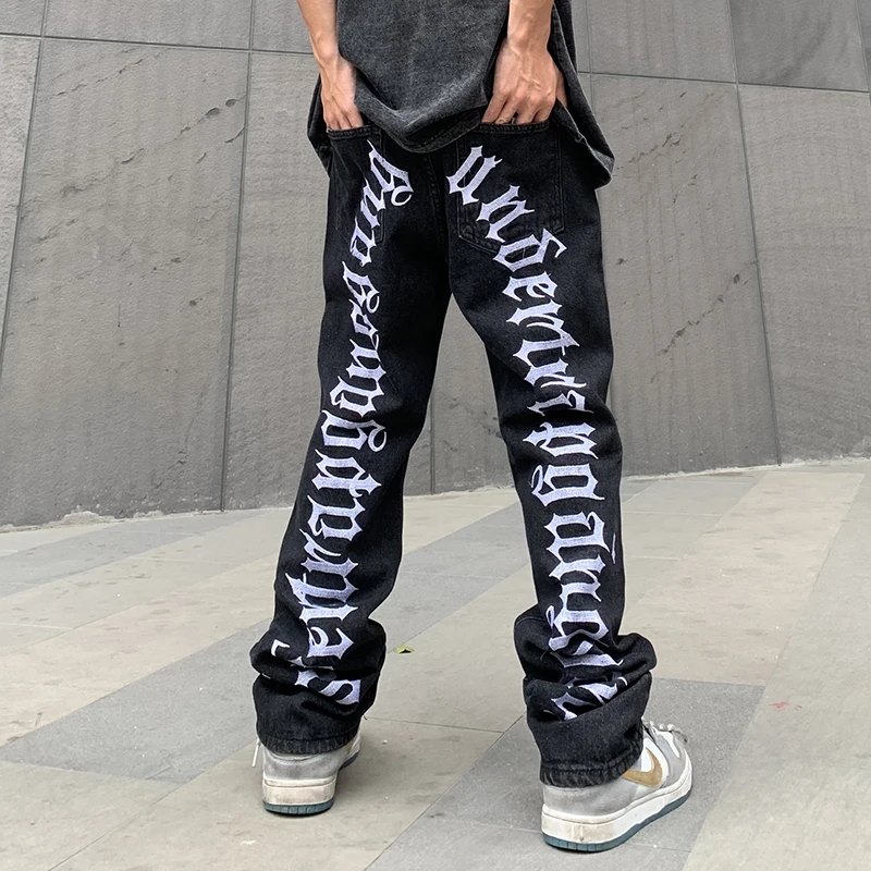 Рваные свободные джинсы с вышивкой в стиле хай-стрит, мужские, с дырками, Harajuku, потертые Прямые черные джинсовые брюки оверсайз . ' - ' . 4