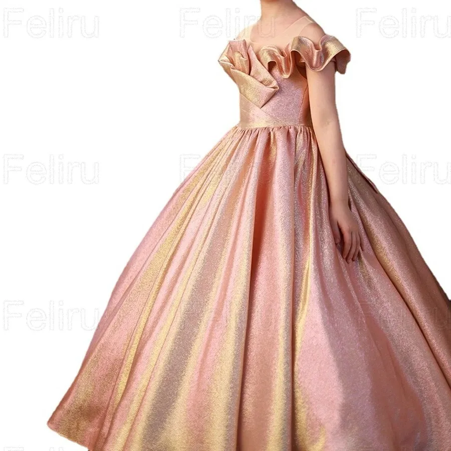Розовые блестящие платья для девочек-цветочниц, Элегантное бальное платье принцессы для детского дня рождения, простое платье для Первого причастия с бантом длиной до пола . ' - ' . 0