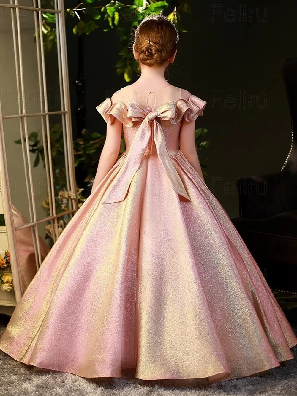Розовые блестящие платья для девочек-цветочниц, Элегантное бальное платье принцессы для детского дня рождения, простое платье для Первого причастия с бантом длиной до пола . ' - ' . 1