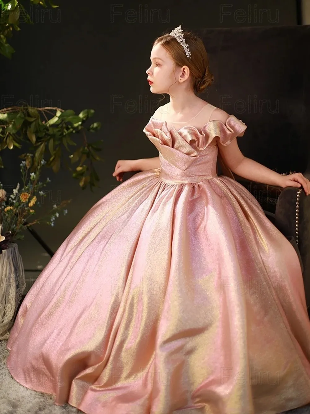 Розовые блестящие платья для девочек-цветочниц, Элегантное бальное платье принцессы для детского дня рождения, простое платье для Первого причастия с бантом длиной до пола . ' - ' . 2