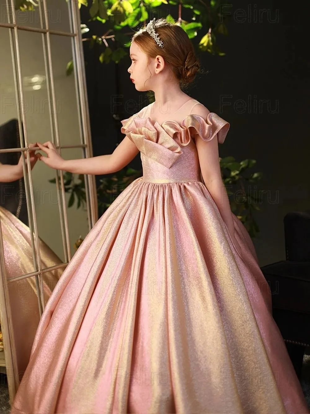 Розовые блестящие платья для девочек-цветочниц, Элегантное бальное платье принцессы для детского дня рождения, простое платье для Первого причастия с бантом длиной до пола . ' - ' . 3