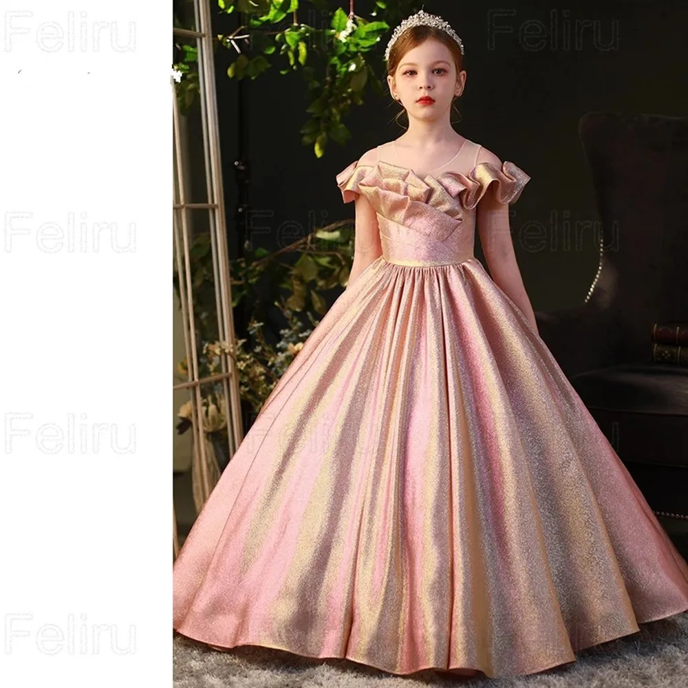 Розовые блестящие платья для девочек-цветочниц, Элегантное бальное платье принцессы для детского дня рождения, простое платье для Первого причастия с бантом длиной до пола . ' - ' . 4