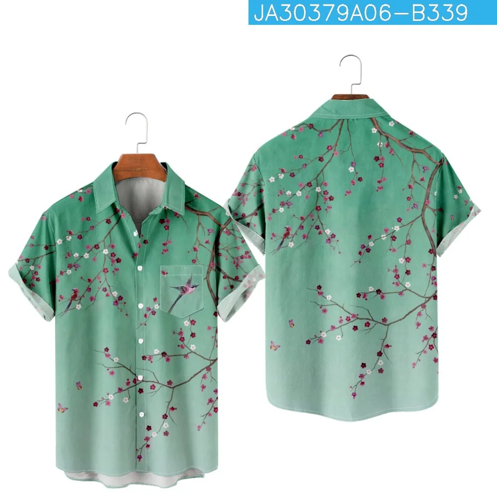 Рубашка с карманами, зеленый топ с 3D принтом, повседневная модная пляжная рубашка, мужские Гавайи, свободные, дышащие, с коротким рукавом . ' - ' . 3