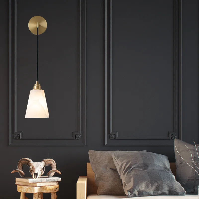 Современная скандинавская простая вилла домашний кабинет зеркало в спальне изголовье кровати полностью медное из натурального мрамора подвесной проволочный настенный светильник . ' - ' . 3