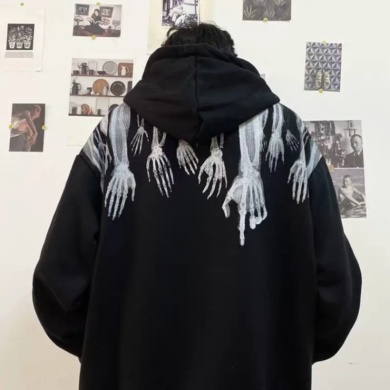 Темно-черный пуловер с капюшоном для мужчин High Street Skeleton Ghost Спортивная толстовка с принтом ручной работы Свободный пуловер в стиле хип-хоп уличная одежда . ' - ' . 1