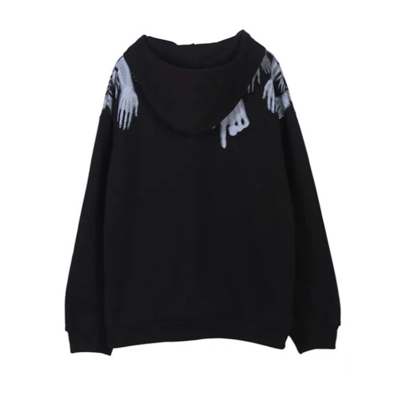 Темно-черный пуловер с капюшоном для мужчин High Street Skeleton Ghost Спортивная толстовка с принтом ручной работы Свободный пуловер в стиле хип-хоп уличная одежда . ' - ' . 2