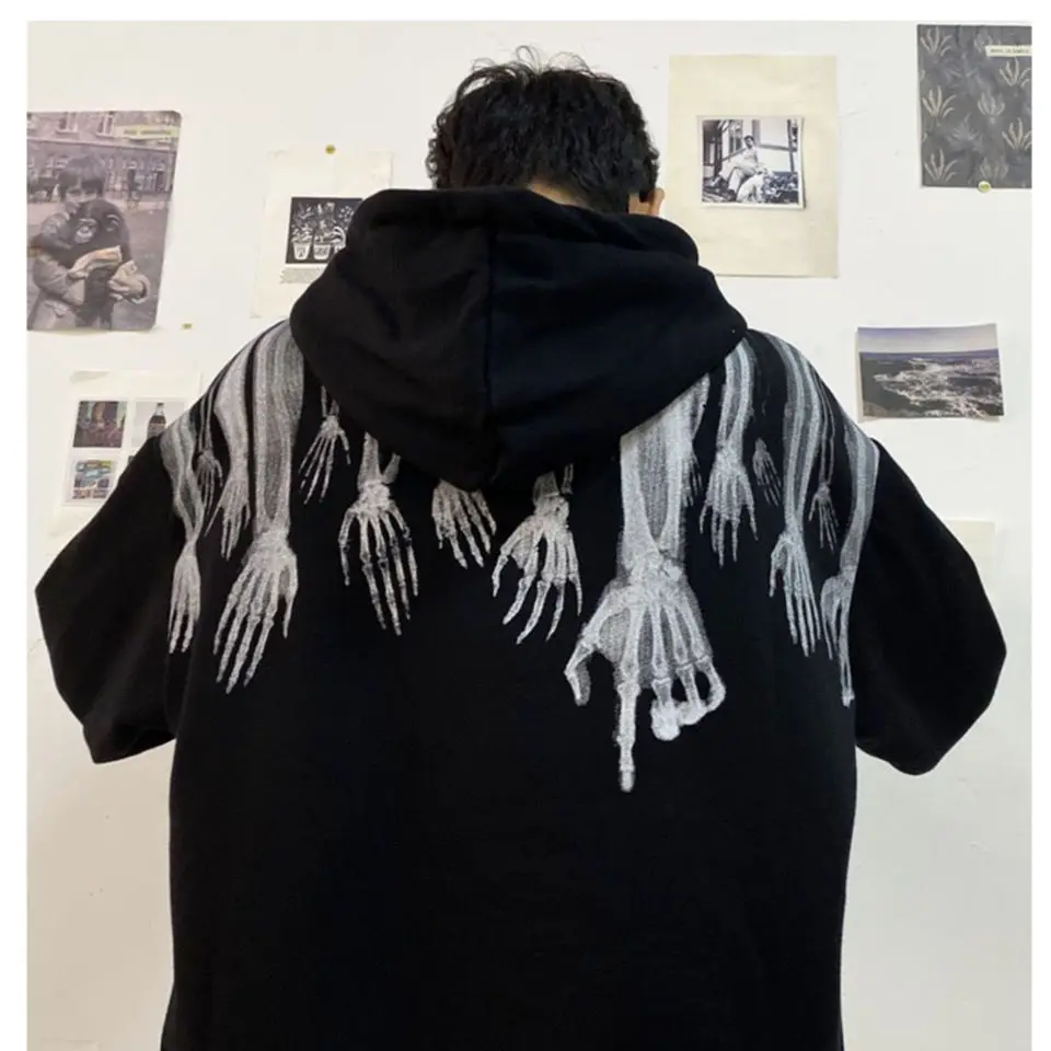 Темно-черный пуловер с капюшоном для мужчин High Street Skeleton Ghost Спортивная толстовка с принтом ручной работы Свободный пуловер в стиле хип-хоп уличная одежда . ' - ' . 3
