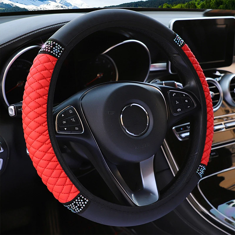 Универсальная крышка рулевого колеса автомобиля из искусственной кожи 37-38 см, украшенная стразами, чехлы на рулевое колесо, аксессуары для декора интерьера автомобиля . ' - ' . 1