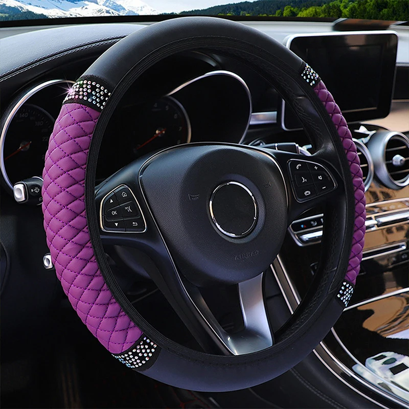 Универсальная крышка рулевого колеса автомобиля из искусственной кожи 37-38 см, украшенная стразами, чехлы на рулевое колесо, аксессуары для декора интерьера автомобиля . ' - ' . 2
