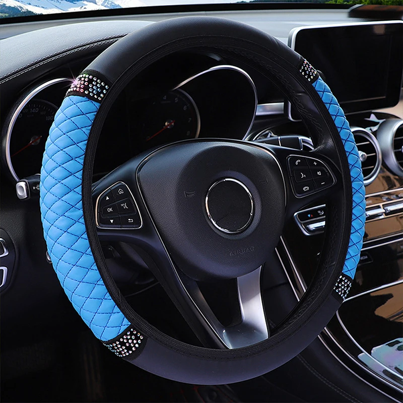 Универсальная крышка рулевого колеса автомобиля из искусственной кожи 37-38 см, украшенная стразами, чехлы на рулевое колесо, аксессуары для декора интерьера автомобиля . ' - ' . 3