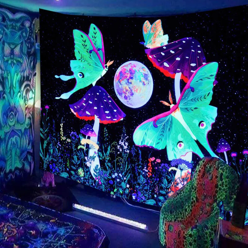 Черная лампа бабочка настенное украшение спальня эстетическое украшение дома в стиле хиппи цветочное растение активный ультрафиолет гобелен . ' - ' . 0