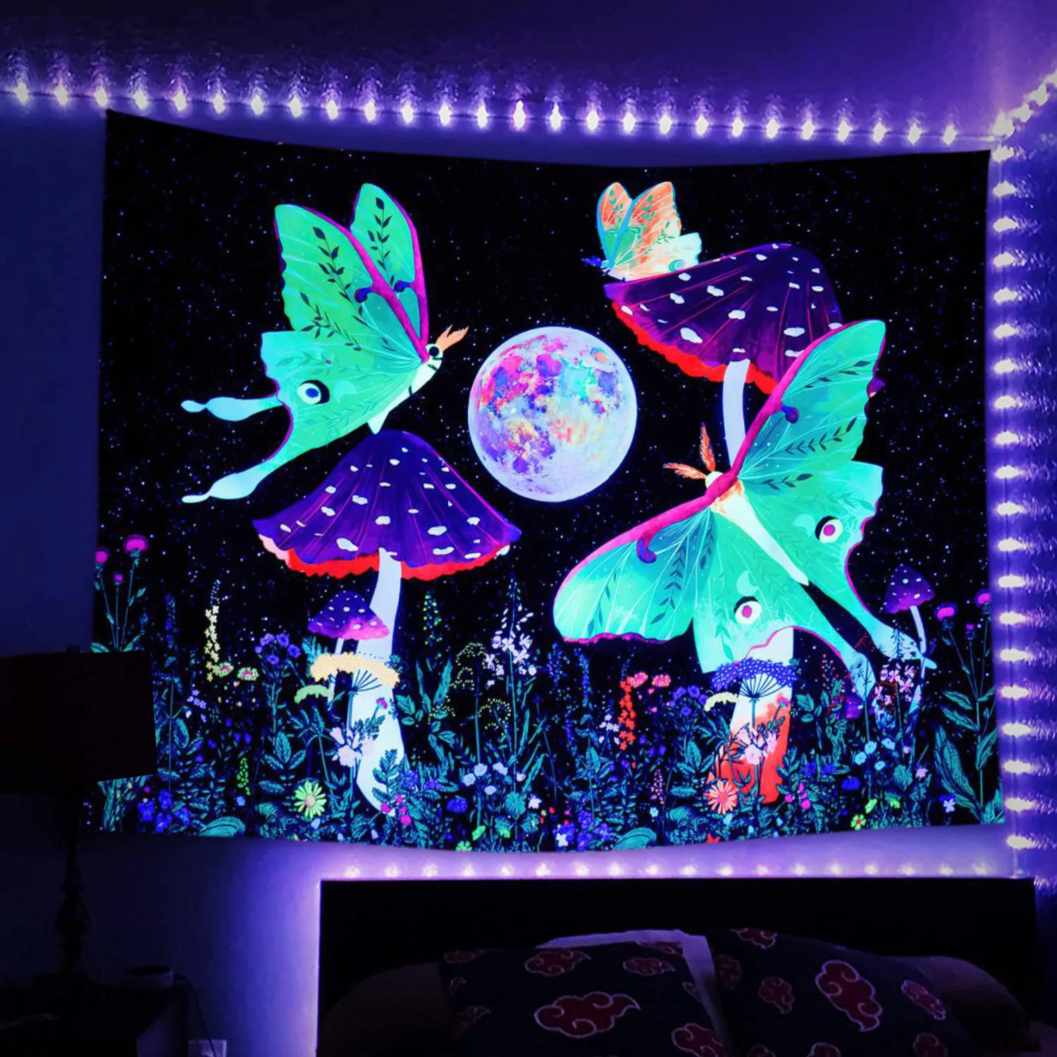 Черная лампа бабочка настенное украшение спальня эстетическое украшение дома в стиле хиппи цветочное растение активный ультрафиолет гобелен . ' - ' . 1