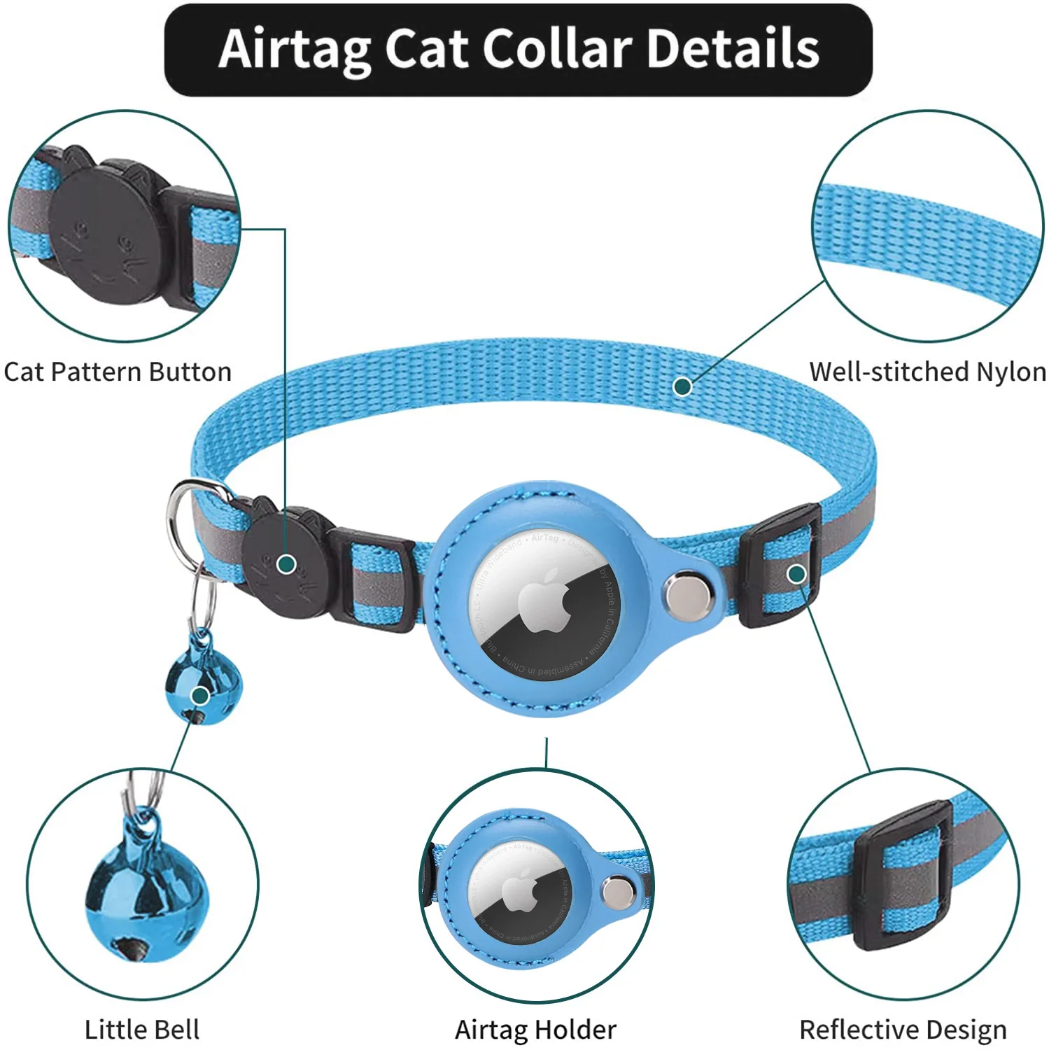 Чехол для Apple Airtag, ошейник для кошки с колокольчиком, светоотражающий нейлоновый ошейник для собаки, GPS-навигатор, защита от потери местоположения, товары для домашних животных . ' - ' . 4