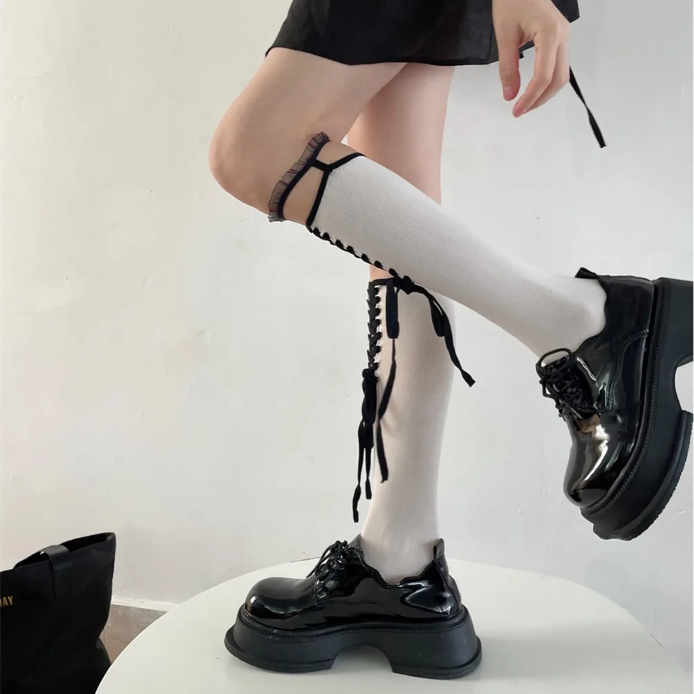 Чулки Lolita Sweet Girls JK в японском стиле, бандажные гольфы с бантом, Чулки, Женские Длинные носки с кружевными оборками в стиле пэчворк, Чулки . ' - ' . 2