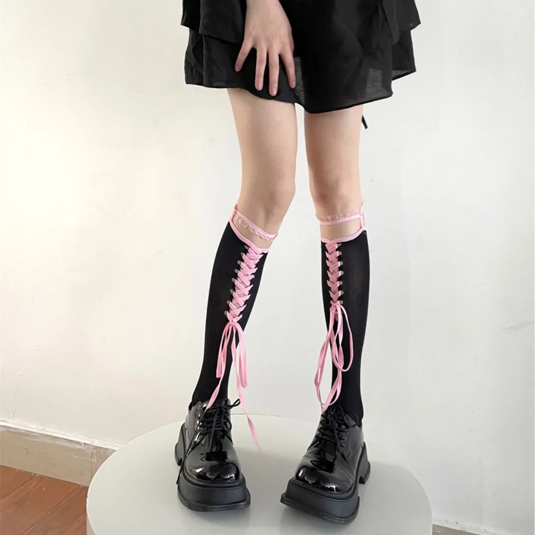 Чулки Lolita Sweet Girls JK в японском стиле, бандажные гольфы с бантом, Чулки, Женские Длинные носки с кружевными оборками в стиле пэчворк, Чулки . ' - ' . 3