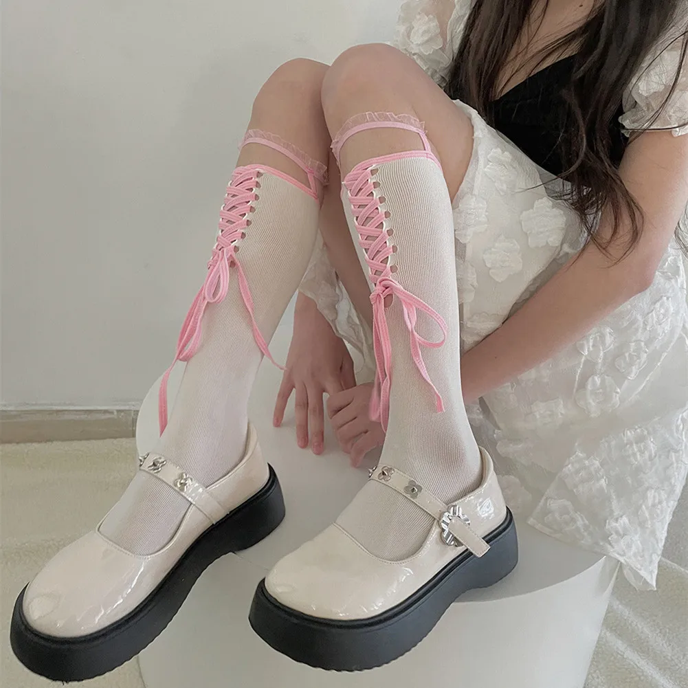 Чулки Lolita Sweet Girls JK в японском стиле, бандажные гольфы с бантом, Чулки, Женские Длинные носки с кружевными оборками в стиле пэчворк, Чулки . ' - ' . 5