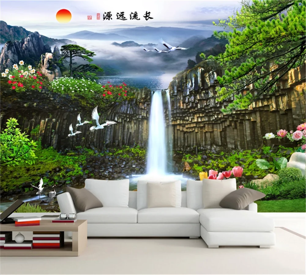 обои на заказ beibehang красивый простой досуг зеленое большое дерево лес водопад пейзаж домашний фон papel de parede . ' - ' . 0
