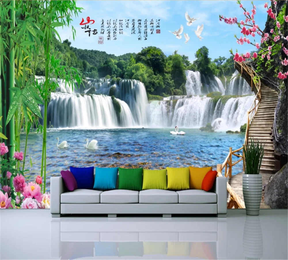 обои на заказ beibehang красивый простой досуг зеленое большое дерево лес водопад пейзаж домашний фон papel de parede . ' - ' . 2