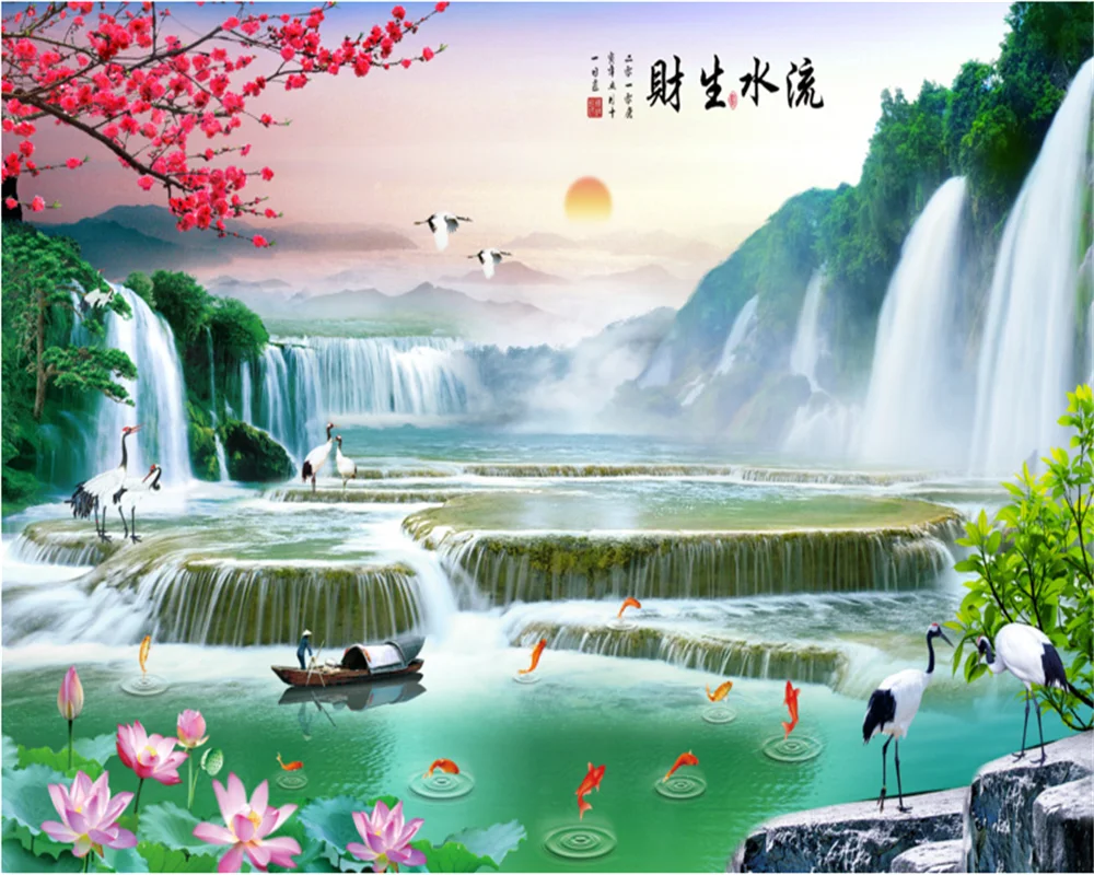 обои на заказ beibehang красивый простой досуг зеленое большое дерево лес водопад пейзаж домашний фон papel de parede . ' - ' . 5