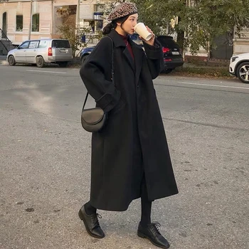 Длинный тренч в корейском стиле, осенне-зимнее Черное шерстяное пальто, женское популярное новое шерстяное пальто 2023 года, утолщенная ветровка