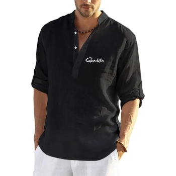 2023 Gamakatsu Fishing Новая мужская повседневная блузка из хлопка и льна, свободные топы, футболка с длинным рукавом, удобные весенние и осенние рубашки
