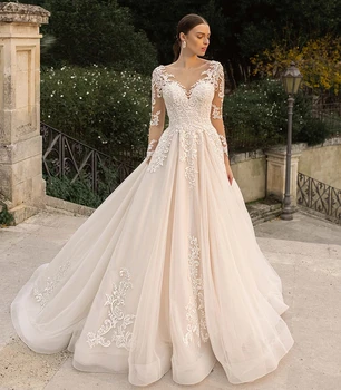 Элегантные свадебные платья с длинными рукавами 2023 Для женщин, кружевные аппликации, свадебные платья принцессы трапециевидной формы, Vestidos De Novia, шлейф