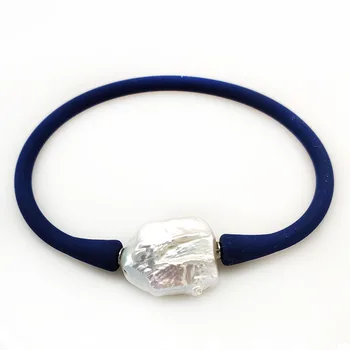 8 дюймов 10-16 мм Один белый натуральный квадратный браслет с жемчугом в стиле барокко, синий Эластичный резиновый силиконовый браслет